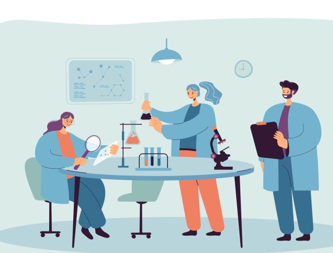 Happy scientist making research in laboratory